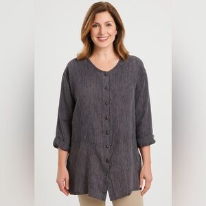 Flax 100% Linen Tunic Long Sleeved Button-Down Small Micro Striped Lagenlook